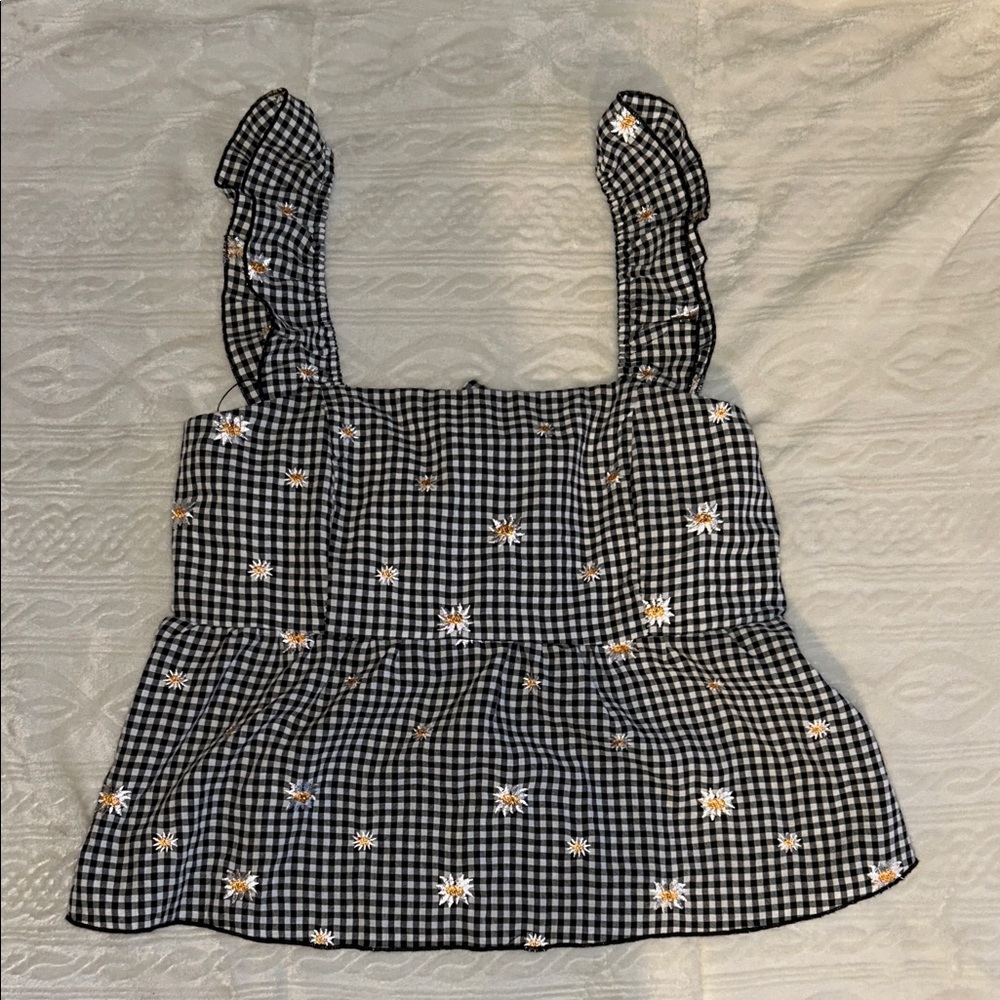 Black Gingham Ruffle Strap Blouse with Floral Details